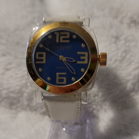 Joan Rivers Acrylic Case Watch Blue Case Gold Bezel White Band Needs Battery